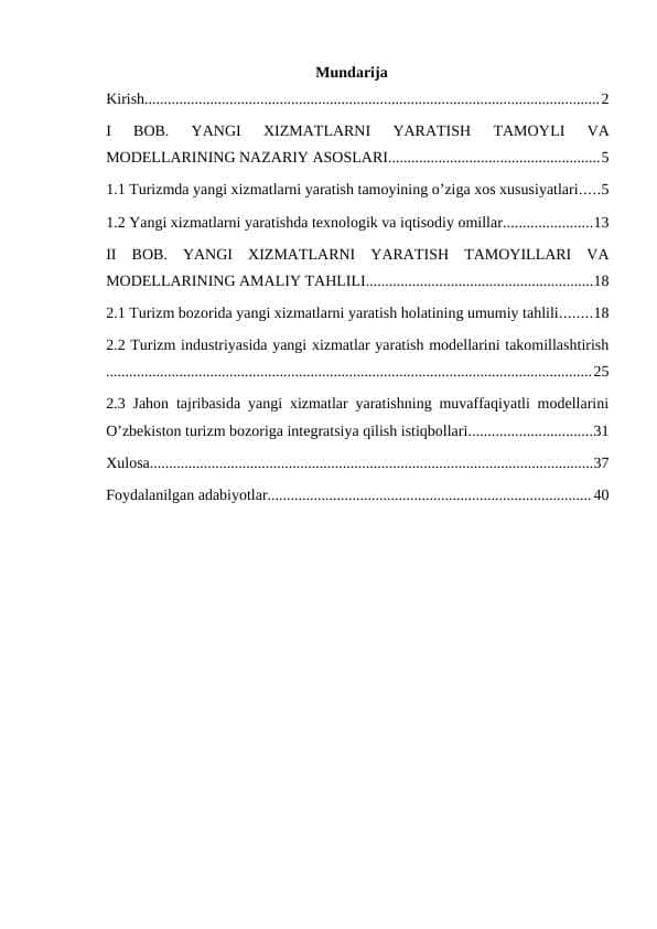 Yangi xizmatlarni yaratish tamoyili va modellari