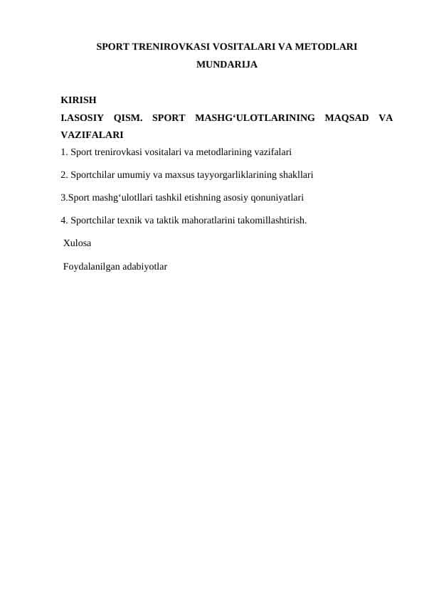 SPORT TRENIROVKASI VOSITALARI VA METODLARI