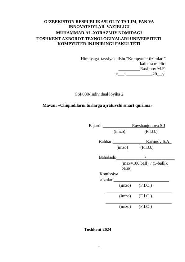 Chiqindilarni turlarga ajratuvchi smart qurilma