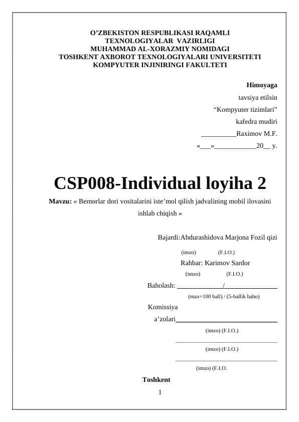 Bemorlar dori vositalarini iste’mol qilish jadvalining mobil ilovasini ishlab chiqish