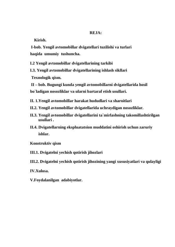 Yengil avtomobillar dvigateliga texnik xizmat koʻrsatish texnologiyasini takomillashtirish