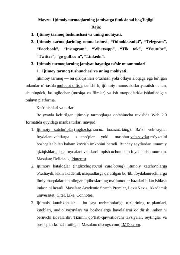 Ijtimoiy tarmoqlarning jamiyatga funksional bog'liqligi