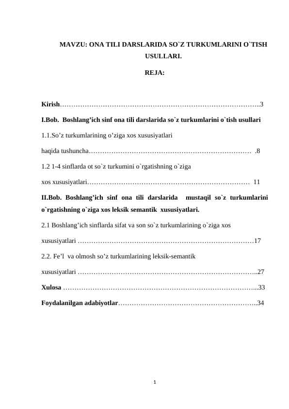 ONA TILI DARSLARIDA SO`Z TURKUMLARINI O`TISH USULLARI