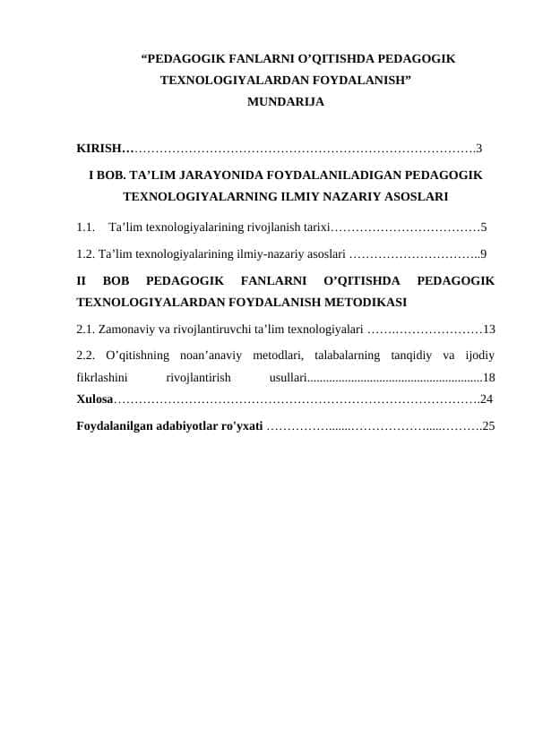 PEDAGOGIK FANLARNI O’QITISHDA PEDAGOGIK TEXNOLOGIYALARDAN FOYDALANISH