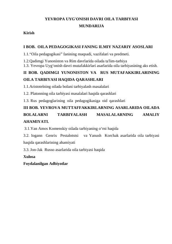 YEVROPA UYG'ONISH DAVRI OILA TARBIYASI