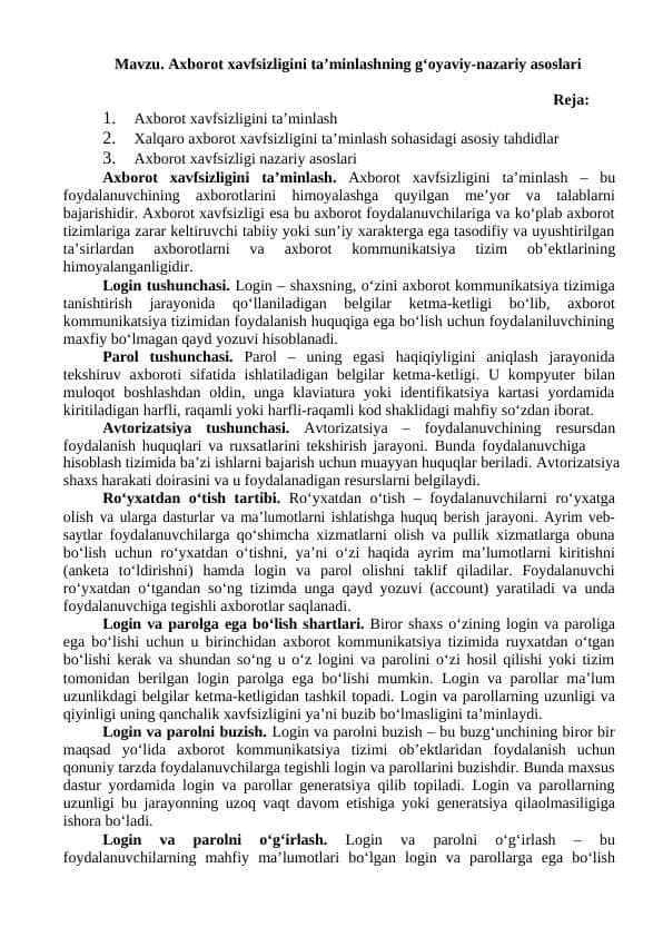 Axborot xavfsizligini ta’minlashning g‘oyaviy-nazariy asoslari