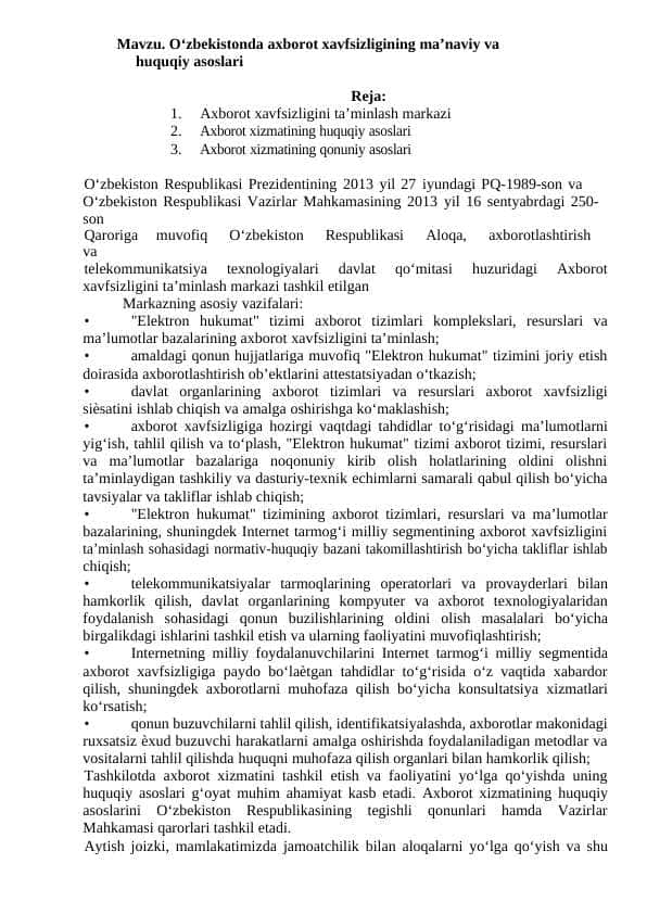 O‘zbekistonda axborot xavfsizligining ma’naviy va huquqiy asoslari
