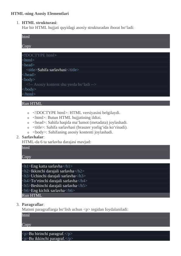 HTML-ning Asosiy Elementlari