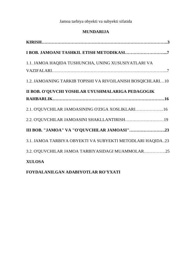 Jamoa tarbiya obyekti va subyekti sifatida
