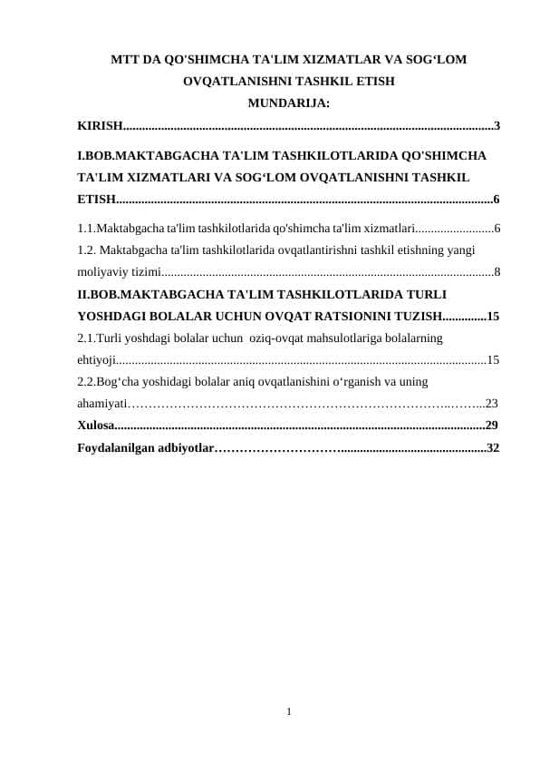 MTT DA QO'SHIMCHA TA'LIM XIZMATLAR VA SOGʻLOM OVQATLANISHNI TASHKIL ETISH