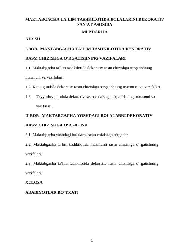 MAKTABGACHA TA`LIM TASHKILOTIDA BOLALARINI DEKORATIV SAN`AT ASOSIDA