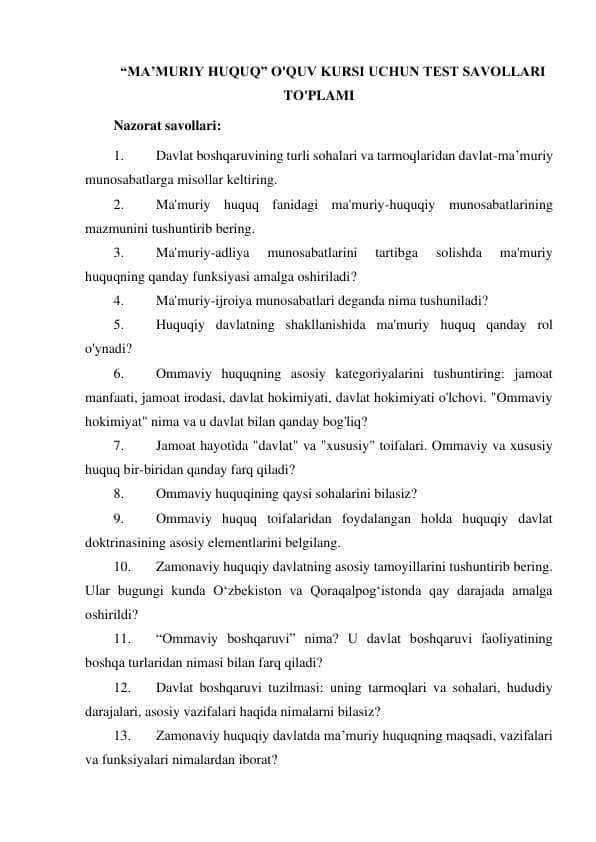 MA’MURIY HUQUQ” O'QUV KURSI UCHUN SAVOLLARI TO'PLAMI