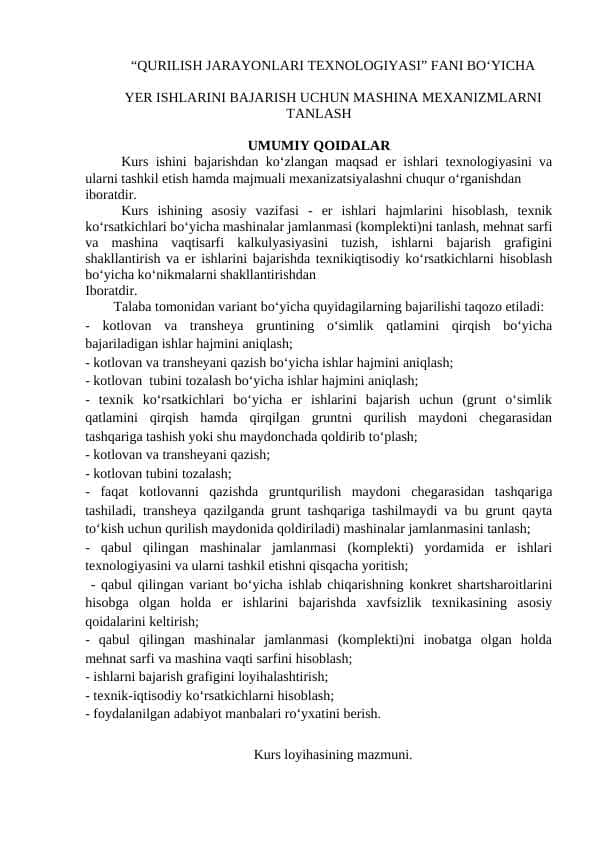 YER ISHLARINI BAJARISH UCHUN MASHINA MEXANIZMLARNI TANLASH