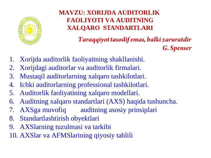 XORIJDA AUDITORLIK FAOLIYOTI VA AUDITNING XALQARO STANDARTLARI pptx
