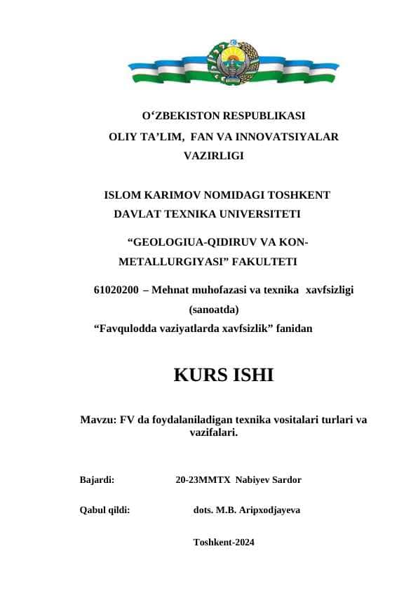 FV da foydalaniladigan texnik... kurs ishi