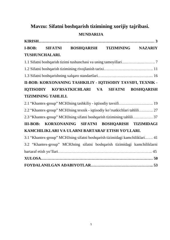 Sifatni boshqarish tizimining xorijiy tajribasi