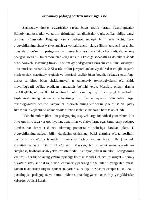 Zamonaviy pedagog portreti mavzusiga esse