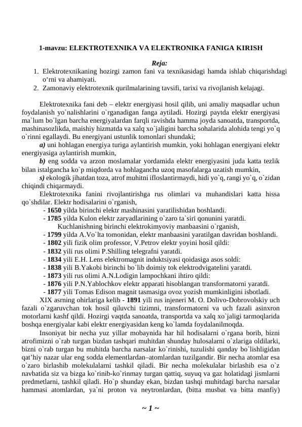 ELEKTROTEXNIKA VA ELEKTRONIKA