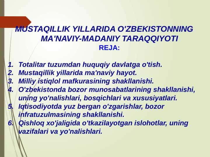 MUSTAQILLIK YILLARIDA O'ZBEKISTONNING MA'NAVIY-MADANIY TARAQQIYOTI