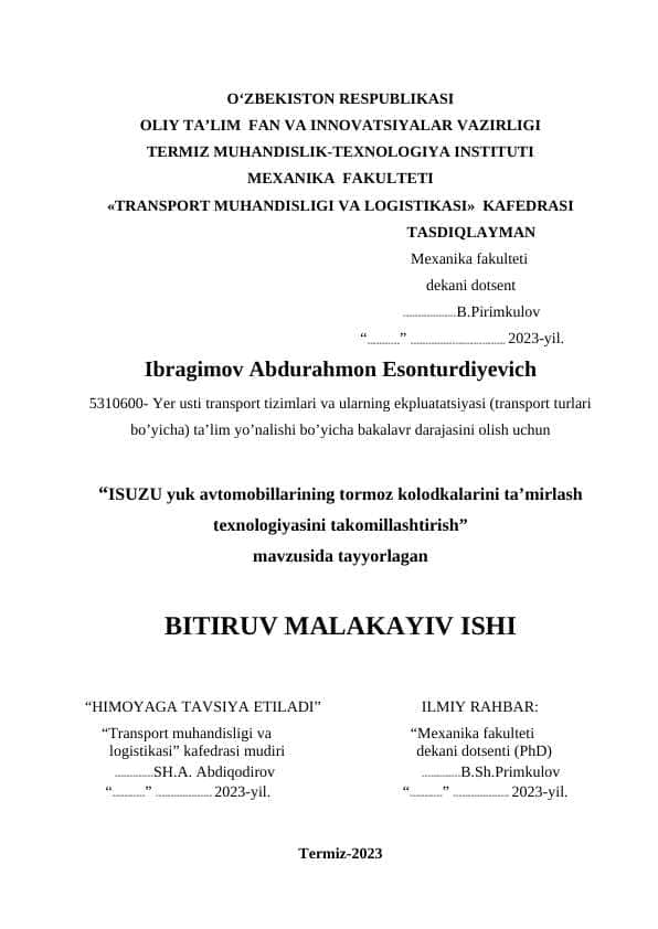“ISUZU yuk avtomobillarining tormoz kolodkalarini ta’mirlash texnologiyasini takomillashtirish”