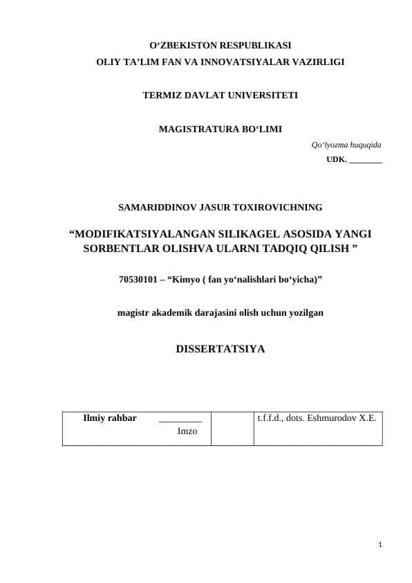 “MODIFIKATSIYALANGAN SILIKAGEL ASOSIDA YANGI SORBENTLAR OLISHVA ULARNI TADQIQ QILISH ”