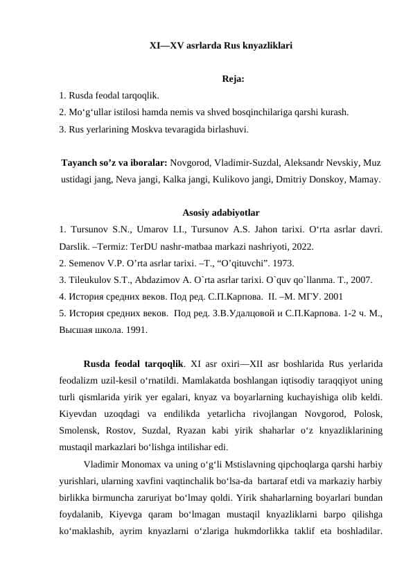 XI—XV asrlarda Rus knyazliklari