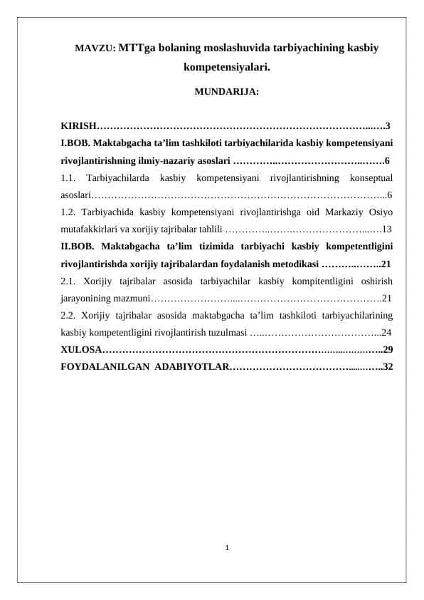 MTTga bolaning moslashuvida tarbiyachining kasbiy kompetensiyalari.
