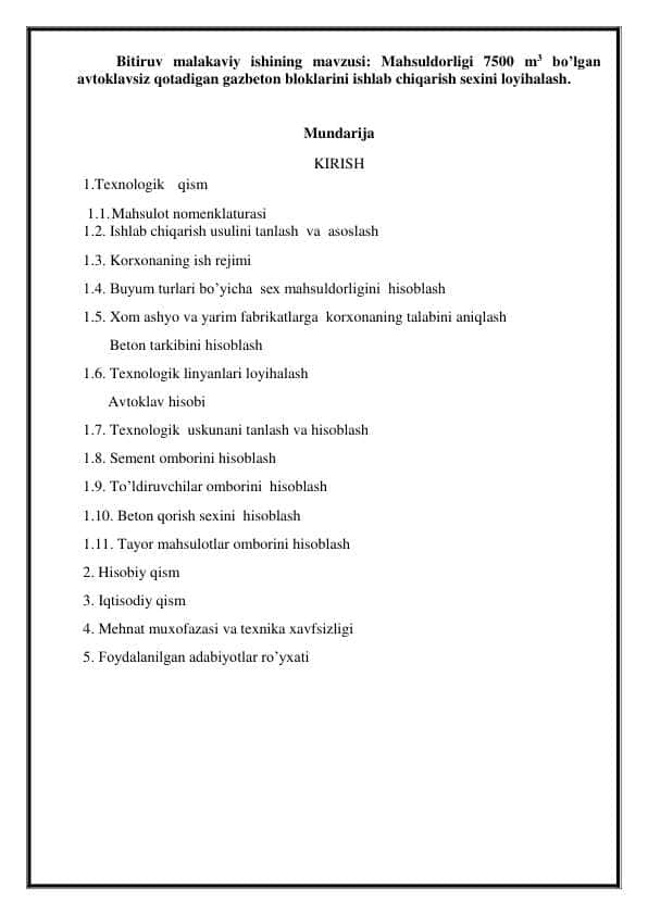 Avtoklavsiz qotadigan gazbeton bloklarini ishlab chiqarish sexini loyihalash