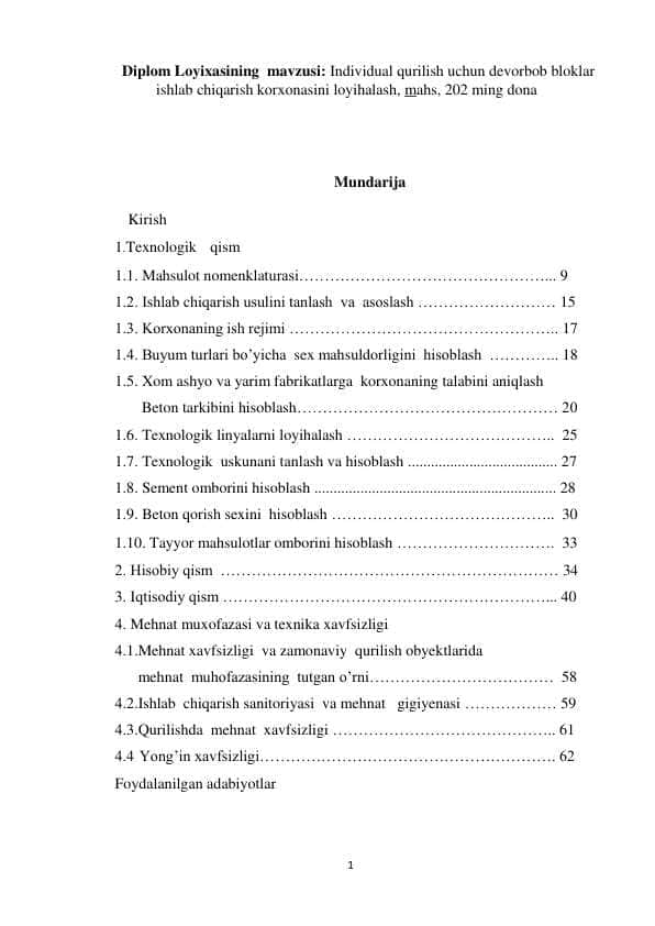 Individual qurilish uchun devorbob bloklar ishlab chiqarish korxonasini loyihalash