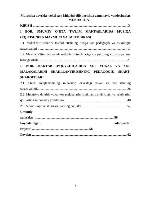 Mutаtsiyа dаvridа vоkаl-xоr ishlаrini оlib bоrishdа zаmоnаviy yоndоshuvlаr