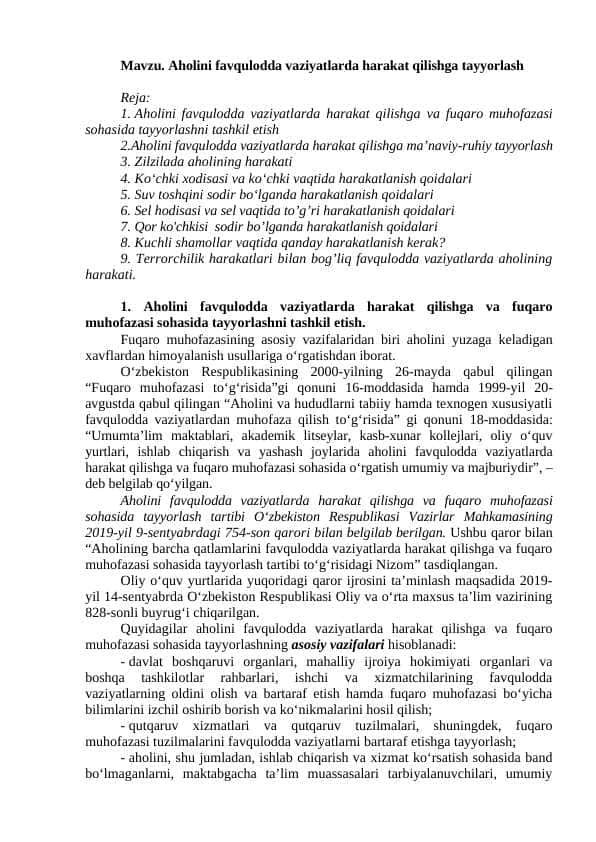 Aholini favqulodda vaziyatlarda harakat qilishga tayyorlash
