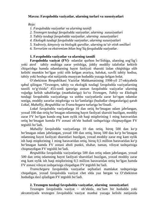 Favqulodda vaziyatlar, ularning turlari va xususiyatlari
