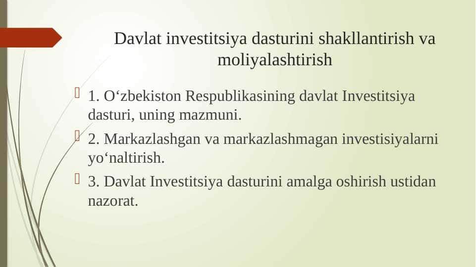 Davlat investitsiya dasturini shakllantirish va moliyalashtirish