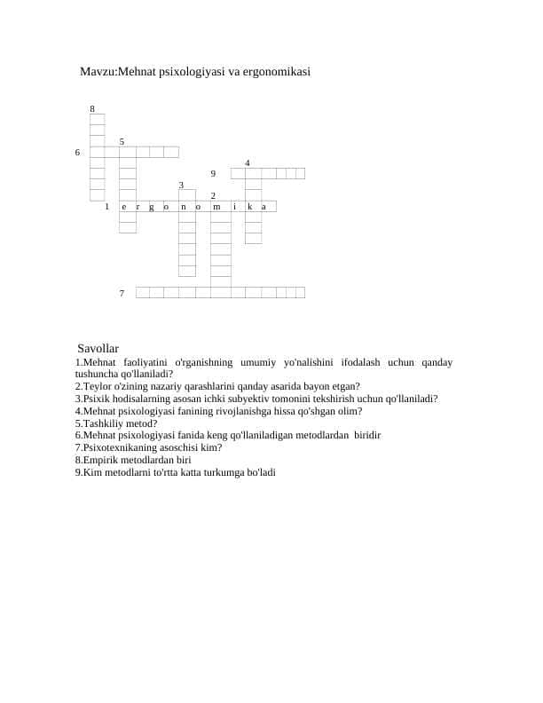 Ergonomika va mehnat psixologiyasidan krasvord