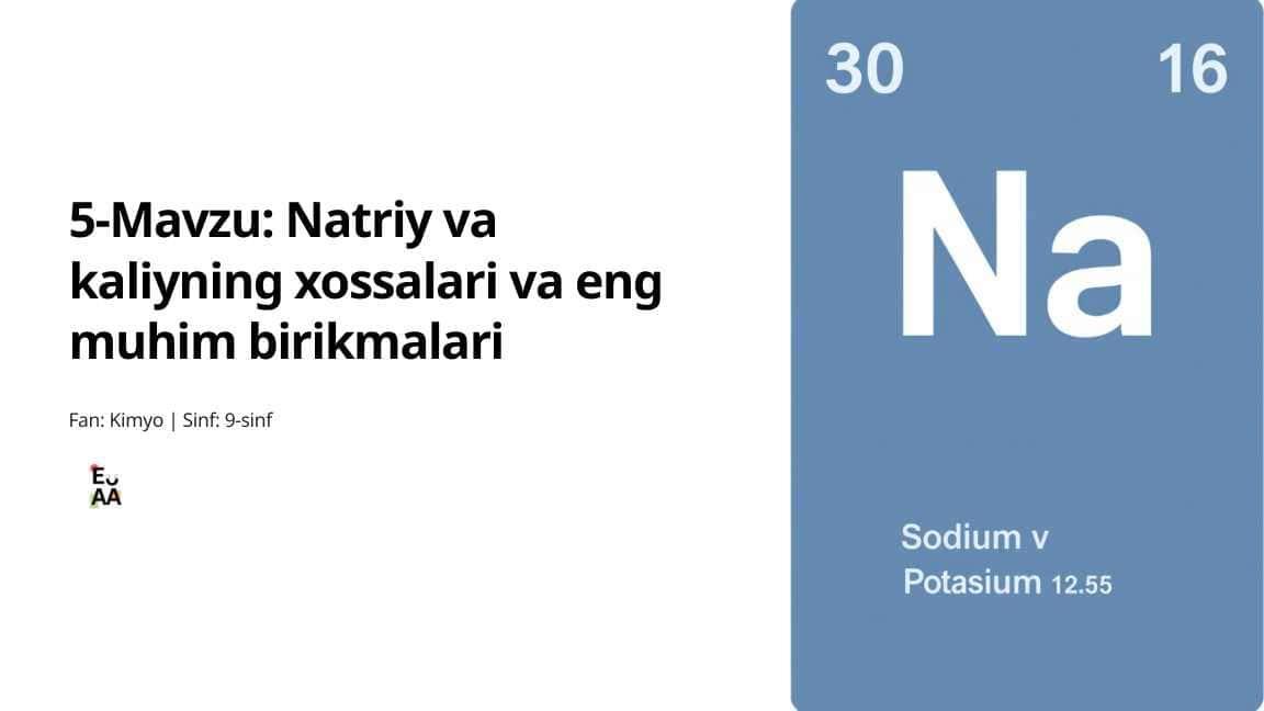 Natriy va kaliyning xossalari va eng muhim birikmalari Fan: Kimyo | Sinf: 9-sinf