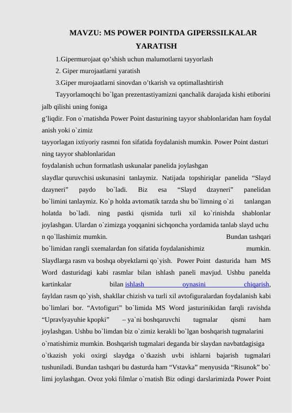MS POWER POINTDA GIPERSSILKALAR YARATISH
