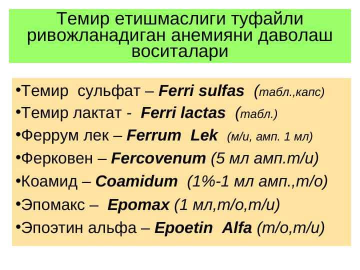 Темир етишмаслиги туфайли ривожланадиган анемияни даволаш воситалари