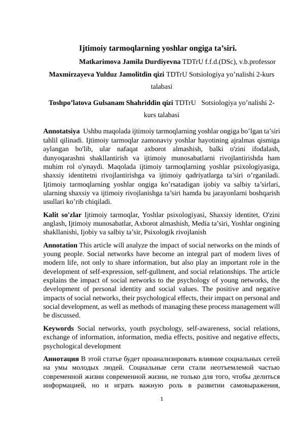 Ijtimoiy tarmoqlarning yoshlar ongiga ta'siri