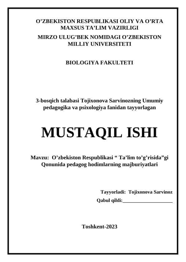 O’zbekiston Respublikasi “ Ta’lim to’g’risida”gi Qonunida pedagog hodimlarning majburiyatlari