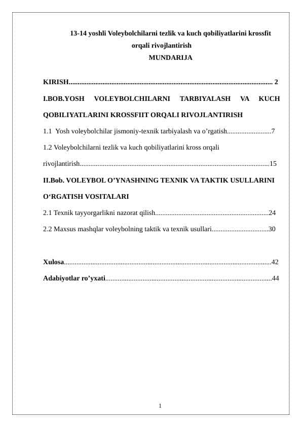 13-14 yoshli Voleybolchilarni tezlik va kuch qobiliyatlarini krossfit orqali rivojlantirish