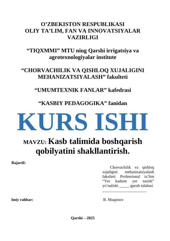 Kasb talimida boshqarish qobilyatini shakllantirish.