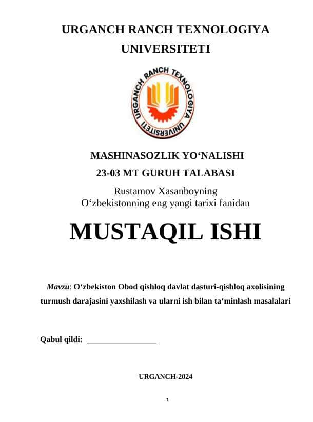 O‘zbekiston Obod qishloq davlat dasturi-qishloq axolisining turmush darajasini yaxshilash va ularni ish bilan ta‘minlash masalalari.