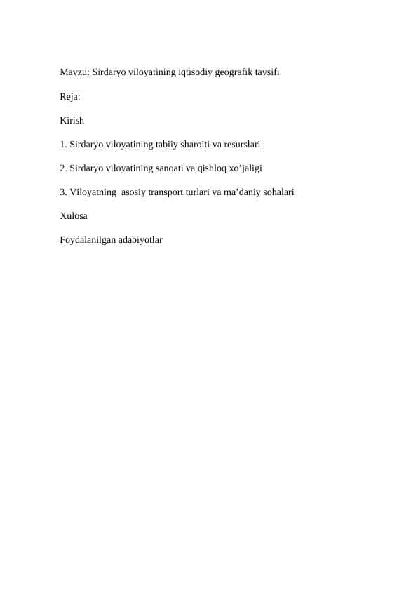 Mavzu Sirdaryo viloyatining iqtisodiy geografik tavsifi