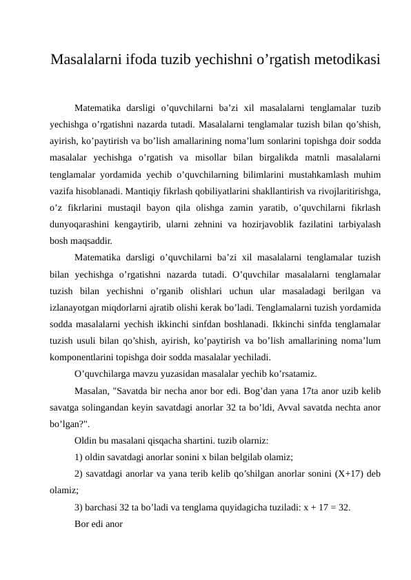 Masalalarni ifoda tuzib yechishni o’rgatish metodikasi