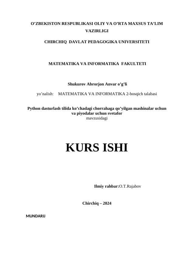 Python dasturlash tilida ko’chadagi chorrahaga qo’yilgan mashinalar uchun va piyodalar uchun svetafor kurs ishi 2