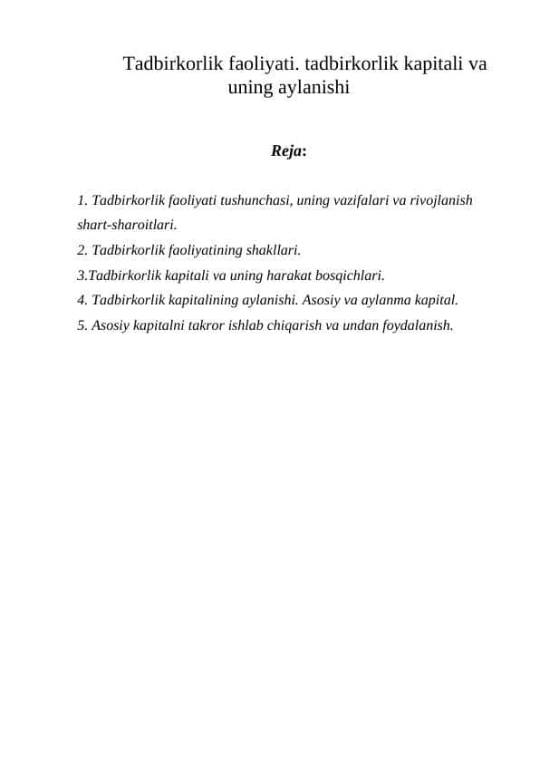 Tadbirkorlik faoliyati tadbirkorlik kapitali va uning aylanishi