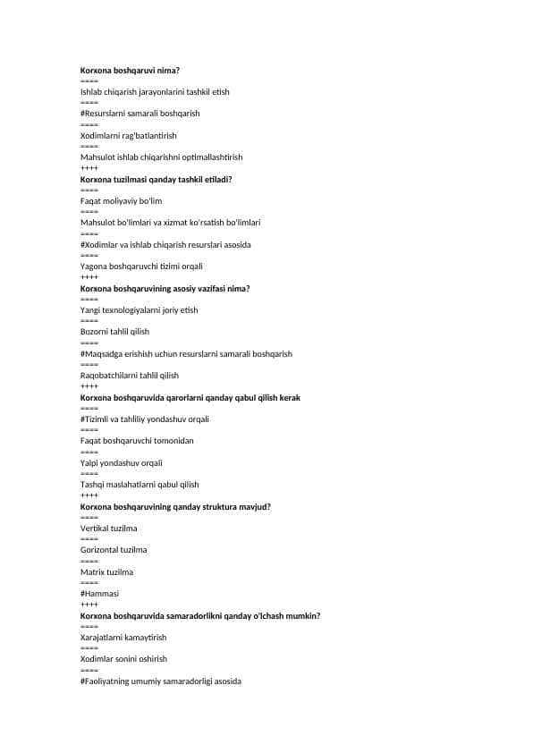 Korxona Boshqaruvi fanidan 200 ta test javoblari bilan_HEMIS uchun