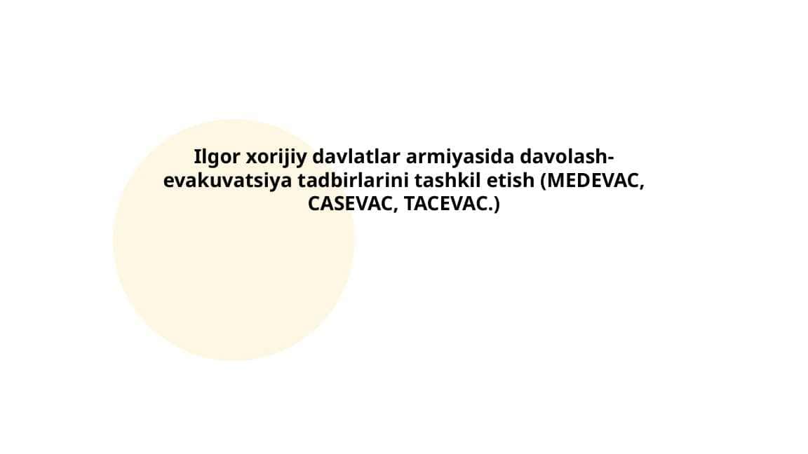 Ilgor xorijiy davlatlar armiyasida davolash-evakuvatsiya tadbirlarini tashkil etish (MEDEVAC, CASEVAC, TACEVAC.)