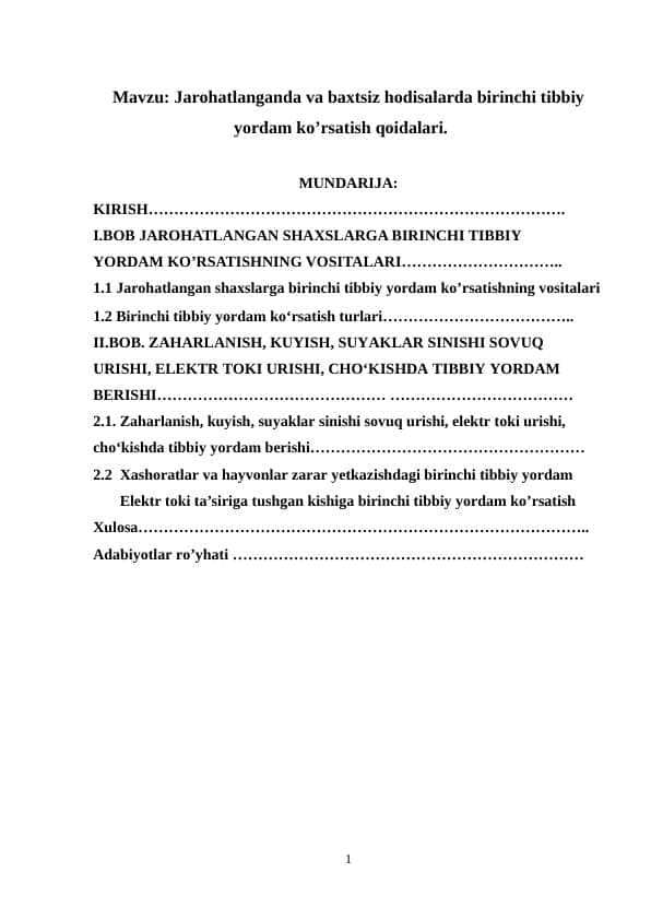 Jarohatlanganda va baxtsiz hodisalarda birinchi tibbiy yordam ko’rsatish qoidalari.