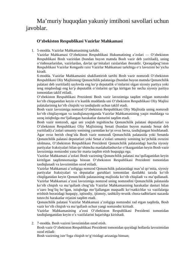 Ma‘muriy huquq yakuniy testlarga javob